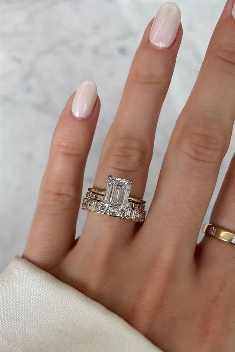 Emerald Cut Ring Band, Emerald Ring And Band, Emerald Diamond Ring With Wedding Band, Emerald Ring With Band, Emerald Engagement Ring Wedding Band, Emerald Engagement Ring Diamond Band, Two Tone Emerald Engagement Ring, Emerald Cut Engagement Ring Wedding Band, Wedding Band With Emerald Cut Engagement Ring