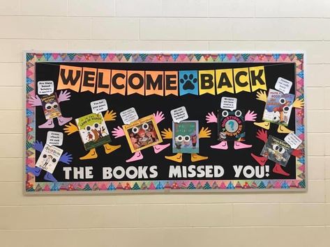 Welcome Back To The Library, Welcome Back To School Library Bulletin Boards, Welcome Back Library Bulletin Boards, Back To School Library Bulletin Boards, Back To School Library Displays, Library Bulletin Boards Elementary, School Library Bulletin Board Ideas, School Library Decorating Ideas, Library Decorating Ideas