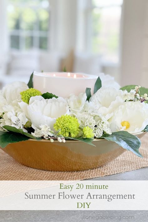 Faux Centerpieces, Magnolia Home Chalk Paint, Summer Flower Centerpieces, Diy Moss Ball, Faux Flower Centerpiece, Island Decor Ideas, Flower Centerpieces Diy, Diy Floral Centerpieces, Stone Gable