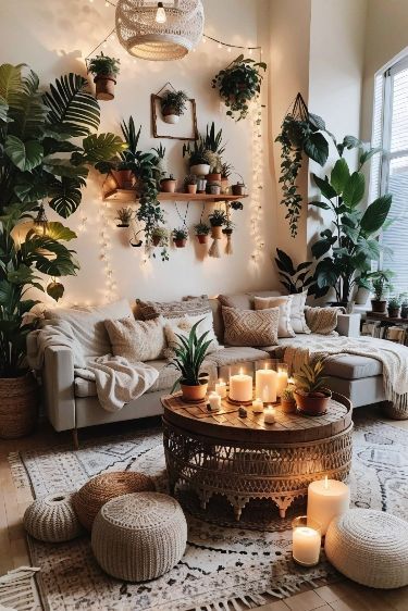 Cozy Budget Living Room, Living Room Corner Space Ideas, Boho Sunroom Decor, Funky Decor Ideas, Bohemian Corner Decor, Comfy Vintage Living Room, Earthy Home Decor Boho Style Living Room, Cozy Room With Plants, Bohemian Home Aesthetic