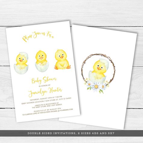 "Baby Chick, Farm Animal Baby Shower Invitations, This is a printable file that you download and edit yourself, print options are available. This cute country invitation is created with a baby chick hatching out of an egg on a white background with whimsical text. Welcome To Metro Events Party Files & Prints To create your own custom party invitations use this easy-to-edit instant download file. After editing print them at home or at any print shop. This listing is an instant download digita Chick Baby Shower Theme, Chicken Baby Shower Theme, Chicken Invitation, Chicken Birthday, Country Invitations, Carnival Invitations, Animal Baby Shower Invitations, Chic Baby Shower, Custom Party Invitations