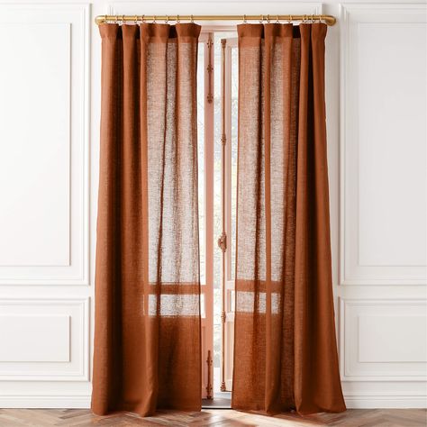 EUROPEAN FLAX-Certified Linen Orange Window Curtain Panel 48''x84" + Reviews | CB2 Rust Curtains, Grey Linen Curtains, Orange Window, Curved Curtain Rods, Dark Terracotta, Drapery Hooks, Black Curtain Rods, Modern Window Treatments, Orange Curtains