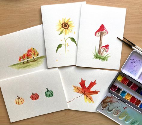 A set of 5 "Fall Collection" cards in one bundle at a great value, plus free shipping!  Original cards designed and hand-painted by me the artist!  One of a kind - NOT print. Size: 5x7 inch I use only high-quality materials.  Paint:   Artist-grade watercolor paint - Sennelier & Schmincke Horadam. Cards: 140 lb/300 gsm high-quality cold press watercolor paper  Comes with a matching envelope as shown in the picture, in a clear cello bag.  Cards may look slightly different from the picture since ev Autumn Watercolor, Hand Painted Card, Watercolor Card, Diy Watercolor Painting, Fall Watercolor, Paint Cards, Diy Watercolor, Bird Cards, Original Card