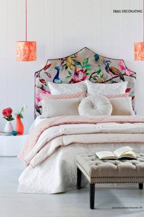 bright floral print headboard Bright Armchair, Floral Headboard, Fancy Bed, Headboard Inspiration, Pink Cushion, Bed Lamp, Fabric Headboard, Floral Pillow, Orange Rug