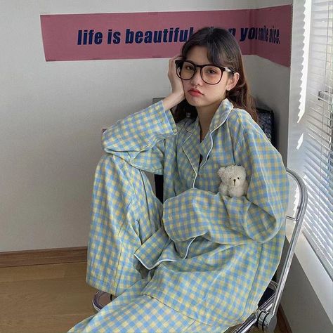 Women's Spring 2 Pcs Pajamas Set Female Cute Cartoon Home Suit Autumn Comfortable Plaid Print Long Pajamas Korean, Girls Pyjamas, Cute Pajama Sets, Women Pajamas, Purple Girls, Grid Girls, Green Girl, Cute Pajamas, Nightgowns For Women