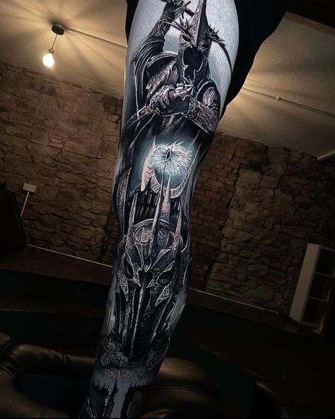 Lotr Leg Sleeve Tattoo, Boromir Tattoo, Lord Of The Rings Sleeve Tattoo, Mordor Tattoo, Witch King Of Angmar Tattoo, Lord Of The Rings Sleeve, Half Leg Sleeve Tattoo, Dark Realism Tattoo, Lotr Nazgul