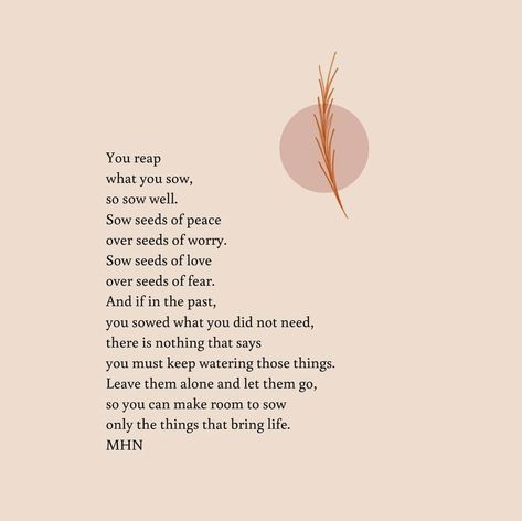 "You reap what you sow, so sow well. Sow seeds of peace over seeds of worry. Sow seeds of love over seeds of fear. And if in the past, you sowed what you did not need, there is nothing that says you must keep watering those things. Leave them alone and let them go, so you can make room to sow only the things that bring life." ~ Morgan Harper Nichols 🌸 @morganharpernichols Seed Quotes, Seeds Of Love, Victim Quotes, Past Quotes, Reap What You Sow, Let Them Go, Morgan Harper Nichols, Sweet Quotes, Quotes And Notes