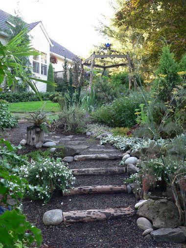 Reusing a downed tree for garden steps. Enchanting Backyard, Rock Yard, Terraced Landscaping, Landscaping On A Hill, Backyard Trees, Landscaping Trees, Patio Steps, Garden Stairs, Outdoor Steps