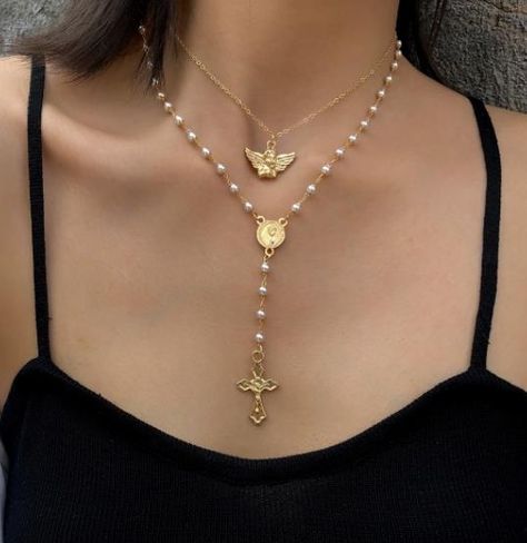 Vintage Chain Necklace, Christian Necklace, Pearl Necklace Vintage, Gold Cross Pendant, Gold Pearl Necklace, Geometric Necklace, Gold Necklace Layered, Jewelry Choker, Pearl Pendant Necklace