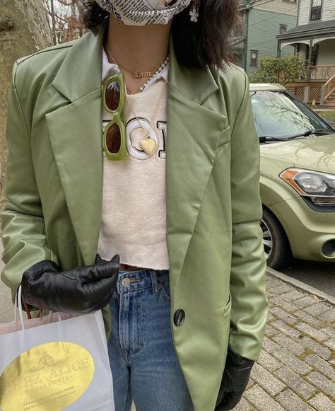 Blazerz | Leather Green Gloves Outfit, Sage Green Leather Jacket, 90s Autumn Outfit, Green Leather Blazer Outfit, Sage Green Jacket Outfit, Sage Green Blazer Outfit, Green Jacket Outfit Aesthetic, Green Leather Jacket Outfit, Sage Green Jacket