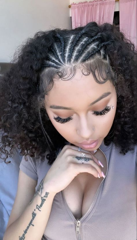 Curly Hair With Cornrows, Braids In The Front Curls In The Back Natural, Front Cornrows Hairstyles Natural Hair, Baby Braid Styles Short Hair, Short Curly Braided Hairstyles, Braids With Curly Hair In The Back, Braided Curly Hairstyles, Head Braids, Braids In The Front Natural Hair