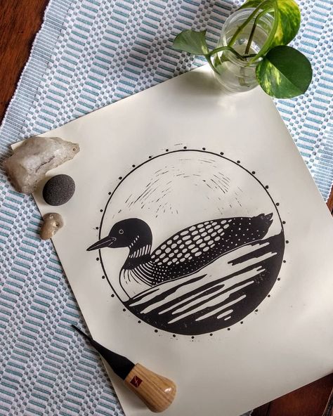 How To Draw A Loon, Loon Line Drawing, Loon Block Print, Loons Tattoos, Loon Linocut, Loon Bird Tattoo, Loon Tattoo Ideas Design, Loon Embroidery, Loon Drawings