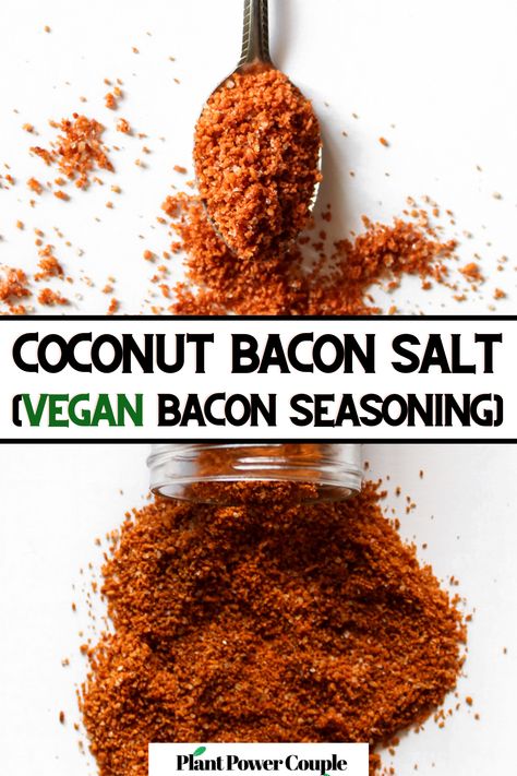 Overhead photo of bacon crumbles poured across a white countertop with text reading: coconut bacon salt, vegan bacon seasoning Vegan Chicken Recipes, Vegetarian Bacon, Bacon Seasoning, Bacon Salt, Coconut Bacon, Seasoning Blends, Vegan Bacon, Tofu Scramble, No Salt Recipes