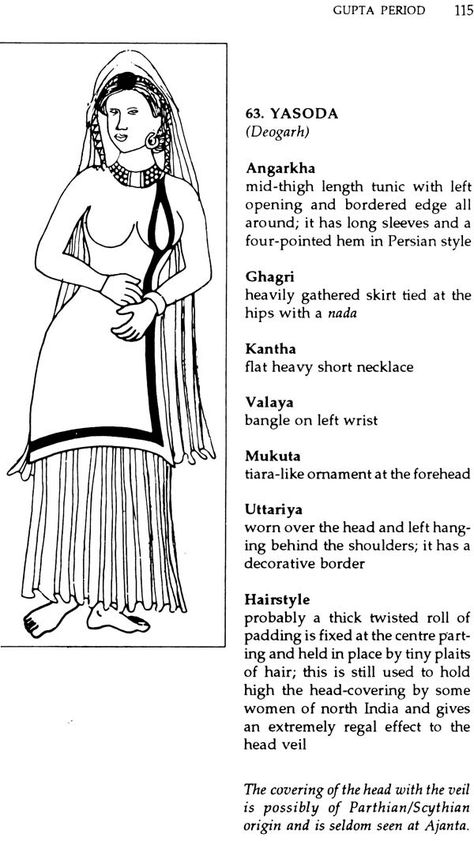 Gupta Period Yasoda (married, noble? women) Clothing Ancient Indian Women Clothing, Gupta Period Costumes, History Costumes, Period Outfits, Vintage Indian Fashion, Indian Military, Historical Textiles, Ancient Clothing, Empire Outfit