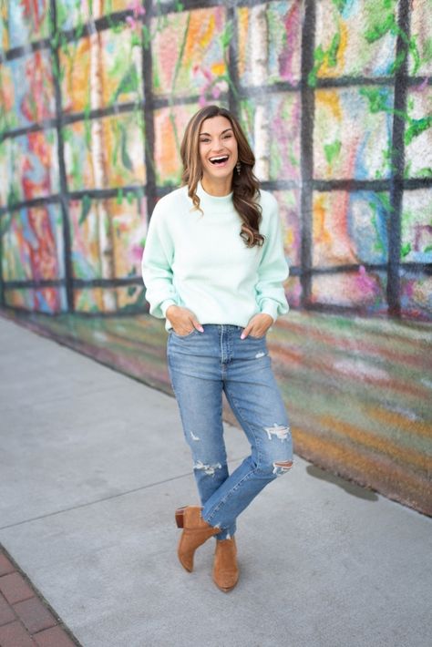 Cute mint green sweater for winter - Everything is true to size. Wearing a small in the sweater and 4/27 in the jeans. #justpostedblog #ShopStyle #shopthelook #MyShopStyle #OOTD #LooksChallenge #ContributingEditor #Lifestyle Mint Green Sweater Outfit, Mint Sweater Outfit, Green Sweatshirt Outfit, Green Sweater Outfit, Sweatshirt Outfit Winter, Mint Sweater, Mint Green Sweater, Gap Outfits, Simple Sweaters