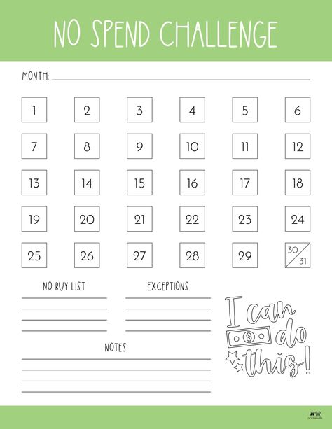 Choose from 20 no spend challenge printables covering various durations to help control your spending and start saving today. Print from home. 100% FREE! No Spend, No Spend Challenge, Start Saving, From Home, Budgeting, Finance