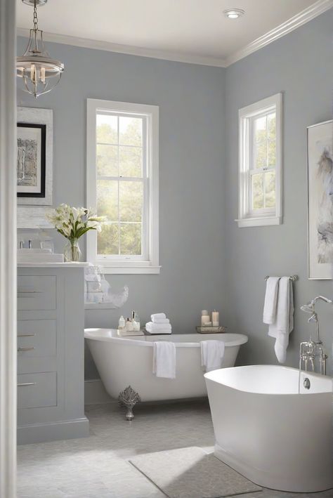 Step into a professionally painted bathroom featuring the timeless beauty of BM Horizon Gray (2141-50) and discover the ultimate interior designer routine for daily inspiration! #Ad #homedecor #homedesign #bathroom #Painthome interiorarchitecture best Wall Colors for Bathroom Colors Bright Room Colors best colors combinations bathroom bathroom Remodeling Modern Paint Colors 2024 Add Color To White Bathroom, Paint Sheen For Bathroom, Bathroom Wall Colors 2024, Best Paint For Bathroom Walls, Master Bath Paint Colors, Farrow And Ball Bathroom, Popular Bathroom Paint Colors, Bathroom Paint Colors Benjamin Moore, Paint Colors For Small Bathrooms