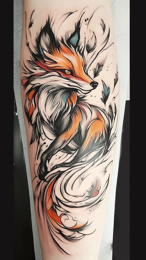 Fox Tattoo For Man, Fire Fox Tattoo, Cute Spine Tattoos, Fox Symbolism, Tattoos For Dad, Fox Spirit Animal, Simple Cat Makeup, Kitsune Tattoo, Fox Tattoo Design