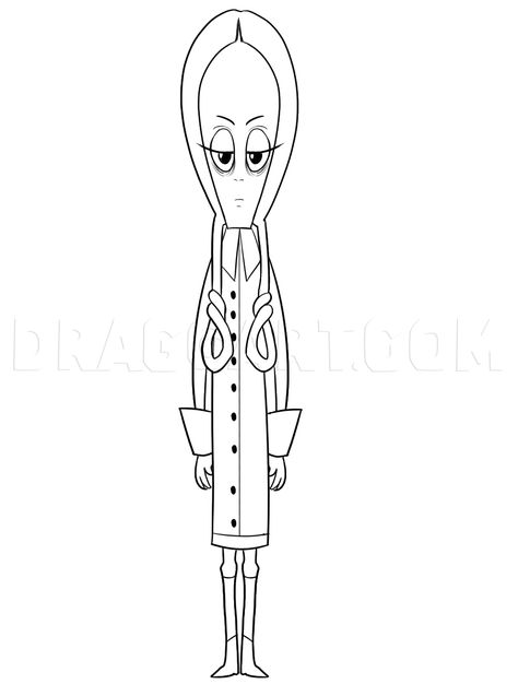 How To Draw Wednesday Addams From Addams Family, Step by Step, Drawing Guide, by Dawn | dragoart.com How To Draw Wednesday Addams 2022, Wednesday Addams Colouring Pages, Wensday Coloring Pages, Addams Family Drawings Easy, Adams Family Coloring Pages, Addams Family Coloring Pages, Addams Family Drawings, Wednesday Addams Doodle, How To Draw Wednesday Addams