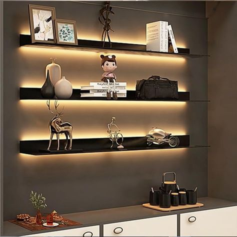 Amazon.com: Wall Mounted Light-Emitting Shelves, Storage Shelf Floating Display Shelf LED Light Up Can Hold A Lot of Things Objects are Not Easy to Fall (Color : Black, Size : 60x23x7.5cm) : Home & Kitchen Led Lights In Shelves, Shelving With Lights, Led Shelf Lighting, Floating Shelves With Lights, Commercial Shelving, Black Wall Shelves, Metal Floating Shelves, Floating Bookshelves, Shelf Floating