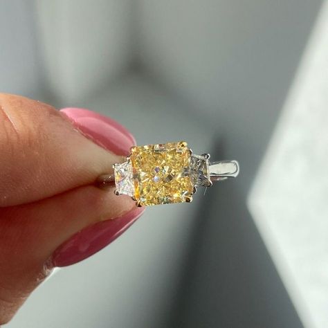 Canary Diamond Ring, Radiant Diamond Engagement Ring, Fancy Yellow Diamond Ring, Radiant Diamond Engagement Rings, Canary Diamond, Ring Inspo, Stone Accessories, Yellow Diamonds, Yellow Diamond Rings