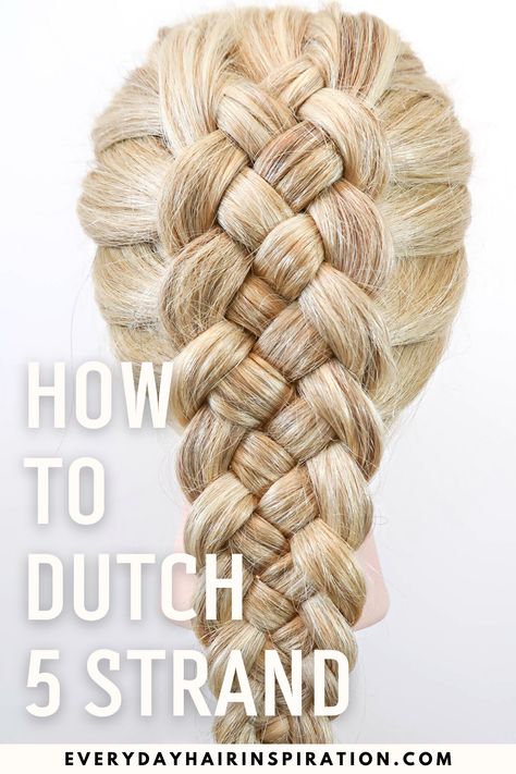 Dutch five strand braid Dutch 5 Strand Braid, Five Strand Dutch Braid, Step By Step Dutch Braid, Voluminous Braid, Plaits Tutorial, Braid For Beginners, Four Strand Braid, Braid Step By Step, 4 Strand Round Braid