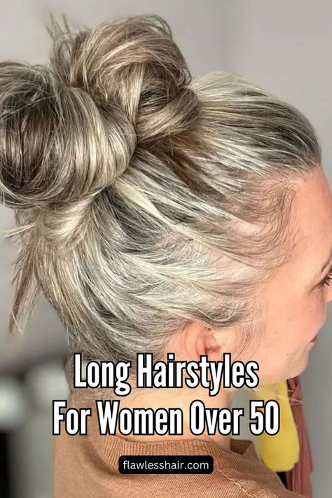 High messy Bun Messy Bun From Ponytail Hairstyles, Messy Hair Look Women, Birthing Hairstyles For Women, Messy Bun Over 50, Messy Hair Buns For Long Hair, Bun Messy Hairstyles, Easy Messy Hairstyles For Long Hair, How To Make A Messy Bun With Long Hair, How To Do A Messy Bun With Long Hair