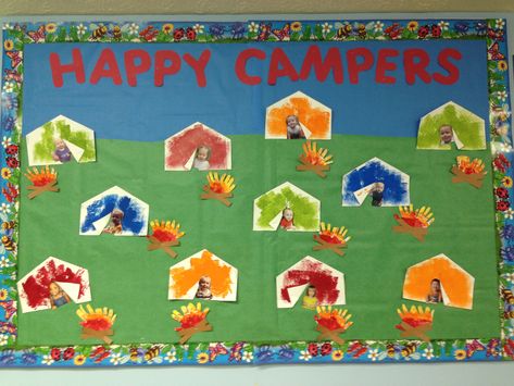 Camping bulletin board Camping Bulletin Board, Preschool Camping Activities, Camping Crafts Preschool, Camping Bulletin Boards, Daycare Bulletin Boards, Toddler Bulletin Boards, Camping Preschool, Camping Theme Preschool, Summer Preschool Crafts