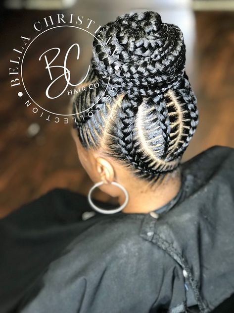 Pin by Tynisha Clarke on Hairstyles | Goddess braids hairstyles, Braided bun hairstyles, Braided updo black hair Updo Braids For Black Hair High Bun, Feedin Ponytail Braids, Braided Updo Black Hair, Cornrow Updo Hairstyles, Braided Bun Styles, Cornrow Updo, Cornrows Updo, Feed In Braids Ponytail, Black Hair Updo Hairstyles