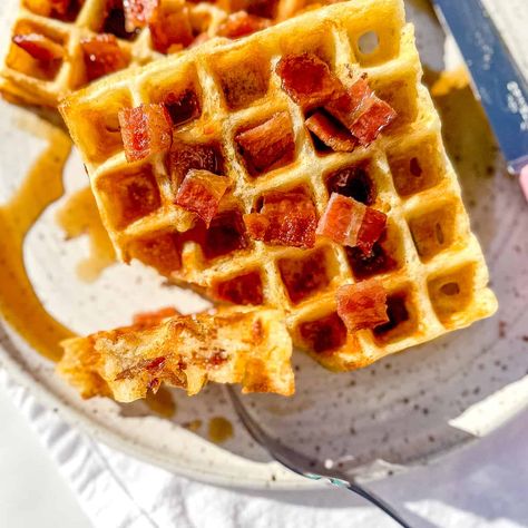 Bacon and Cheddar Waffles - But First We Brunch! Cheddar Waffles, Sausage Gravy Recipe, Freezing Leftovers, Waffle Iron Recipes, Frozen Waffles, Iron Recipes, Flaky Biscuits, New Obsession, Gravy Recipe