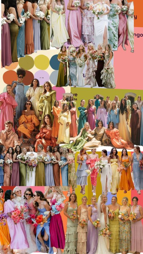 Eclectic Wedding Bridesmaids, Funky Wedding Color Palette, Bright Wedding Theme, Multi Colored Bridesmaid Dresses, Jewel Tone Wedding Theme, Colorful Wedding Decor, Bold Wedding Colors, Wedding Floral Arch, Egyptian Wedding