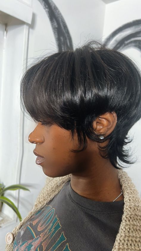 Wispy Mullet Short, Cute Short Haircuts Black Women, Tampered Short Natural Hair, Zendaya Pixie Cut, Janet Jackson Short Hair, Short 90s Haircut Black Women, Big Nose Short Hair For Women, Short Hair With Swoop Bangs, Honey Brown Pixie Cut