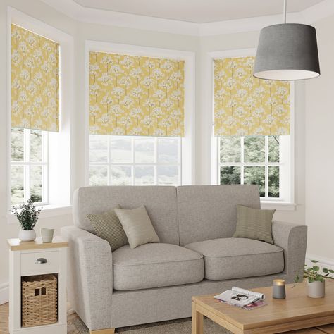 Bay Window Blinds Living Room, Roman Blinds Living Room, Blue Roman Blinds, Blinds For Windows Living Rooms, Roman Curtains, Living Room Blinds, Modern Floral Design, Blackout Roller Blinds, Blinds Curtains