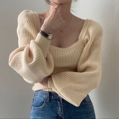 Cardigan Y2k, Chique Outfit, Top Rosa, Tight Sweater, Puff Sleeve Sweater, Solid Sweaters, Sleeves Clothing, Knitting Women Sweater, Knitwear Tops