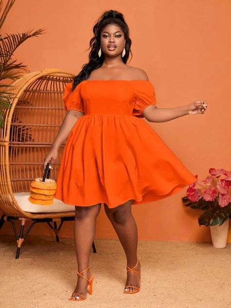 Plus Size Orange Dresses, Plus Size A Line, Plus Size Summer Dresses Party, Orange Plus Size Dress, Romantic Style Black Women, Orange Plus Size Outfits, Plus Size Orange Dress, Plus Sized Dresses, Shein Dresses Summer