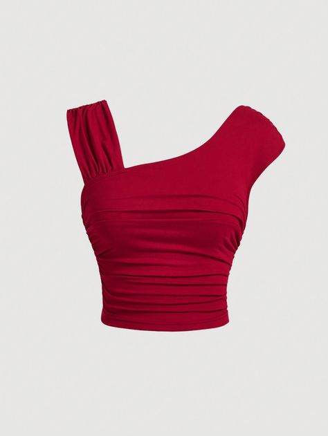 Women's Red Simple Foldable Asymmetrical Neck Solid Color Tank, Casual Daily Wear, Women's Solid Pleated Asymmetric Sleeveless Casual Top,Halloween Women,Beach Women's Tank Top,Western Style,Going Out Tank Top,Business Casual Tank Top,Concert Women Outfits,Sexy Outfits,Rave Festival Outfits Red Casual   Knitted Fabric Plain Tank Medium Stretch  Women Clothing, size features are:Bust: ,Length: ,Sleeve Length: Rave Festival Outfits, Outfits Rave, Cropped Leather Jacket, Women Beach, Rave Festival, Women Outfits, Woman Beach, Casual Tank Tops, Halloween Women