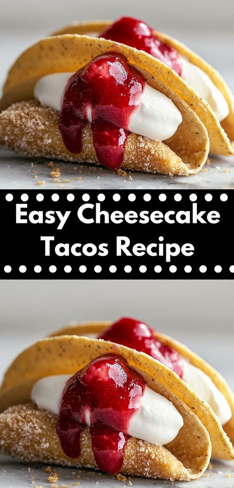 Looking for a sweet treat that’s easy to whip up? Try these Cheesecake Tacos! With their delightful flavor and quick preparation, they’re an ideal dessert for any occasion, from birthdays to casual dinners. Cherry Tacos, Dessert Tacos Recipes, Cheesecake Tacos Recipe, Dessert Tacos, Cheesecake Tacos, Sweet Taco, Crispy Taco Shells, Dessert Taco, Tacos Recipes