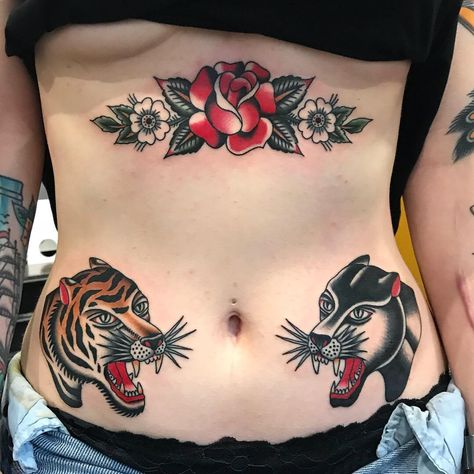 Underboob Tattoo Traditional, Tattoo Under Chest, Traditional Tattoo Black And White, Stomach Tattoo, Traditional Tattoo Inspiration, Traditional Style Tattoo, Belly Tattoo, Traditional Tattoo Sleeve, Stomach Tattoos