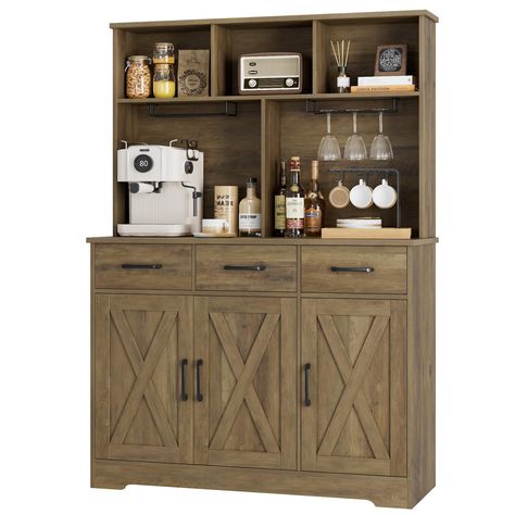 PRICES MAY VARY. Large Storage Space: The tall hutch cabinet can help to create a tidy and organized home with the functional areas divided to meet different storage needs: 3 open compartments for easy access and display, spacious tabletop for microwave or coffee maker, 3 handy drawers and bottom cabinet for kitchen utensils Versatile Buffet Cabinet: Designed with versatility in mind, this buffet cabinet with storage is not limited to the kitchen or dining room, but can also be used as a coffee Farmhouse Kitchen Buffet, Hutch Modern, Tall Hutch, Cabinet For Dining Room, Living Room Rustic, Coffee Bar Station, Hutch Cabinet, Buffet Hutch, Country Kitchen Cabinets