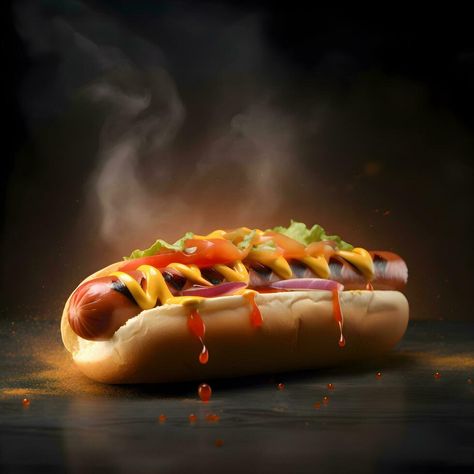 caliente perro con mostaza y salsa de tomate en un negro antecedentes con fumar, ai generativo imagen Boiled Hot Dogs, High Sodium Foods, Wedding Background Images, Dog Business, Bubble Milk Tea, Food Painting, Food Poster Design, Healthy Food Choices, Mindful Eating