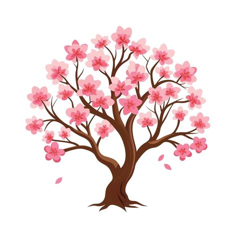 Beautiful Single Big Tree Illustration Sakura Tree Illustration, Tree With Pink Flowers, Sakura Illustration, Flowers Sakura, Pink Flowering Trees, Leaf Designs, Tree Clipart, Sakura Tree, Blossom Tree