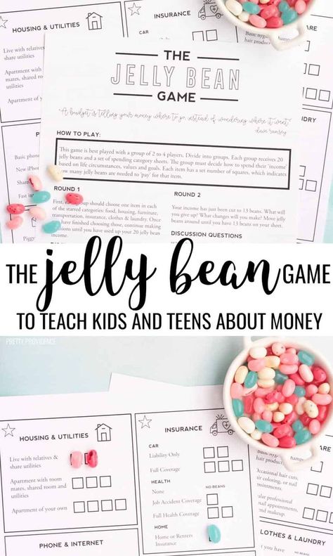 'The Jelly Bean Game' is a fun way to teach kids about money. Helping kids and teens learn how to manage a budget is so important and this money management game makes it easy to understand! #budgeting #moneymanagement #teachkidsaboutmoney #budgetinglesson #teenbudgetinglesson #thejellybeangame #thebeangame #budgetinggame #moneymanagementgame #money #budget #budgetingideas #homeschool #teaching #finance Fun Budgeting Activities, Teaching Kids Finances, Teaching Budgeting To Teens, Teaching Kids About Money, Budgeting For Teens, Teaching Kids Money Management, Financial Literacy For Kids, Money Games For Kids, Jelly Bean Game