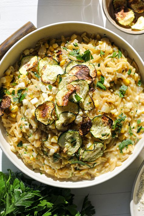 Orzo And Zucchini Recipes, Corn Orzo Salad, Vegetarian Orzo, Corn Orzo, Zucchini Orzo, Corn And Zucchini, Creamy Zucchini, Luncheon Ideas, Grated Zucchini