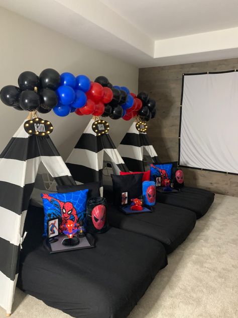 Spiderman Tent Party, Boys Slumber Party Ideas Sleepover, Spider Man Sleepover Ideas, Marvel Sleepover Ideas, Kids Sleepover Ideas Boys, Boys Birthday Sleepover Ideas, Boy Slumber Party Ideas, Spiderman Sleepover, Boys Slumber Party Ideas