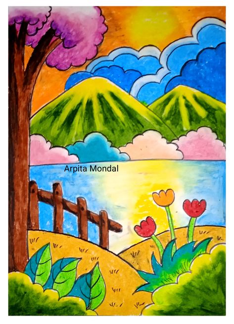 Easy Scenery Drawing For Kids, Landscape Drawing For Kids, Beautiful Scenery Drawing, Scenery Drawing For Kids, Easy Scenery Drawing, Oil Pastel Drawings Easy, Oil Pastel Colours, Pencil Drawings Of Girls, Scenery Drawing