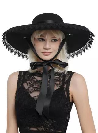 Black Lace Trim Floppy Hat, Goth Hat Outfit, Goth Hats, Goth Hat, Summer Goth Outfits, Gothic Summer, Top Hats For Women, Black Wide Brim Hat, Funky Hats, Summer Goth