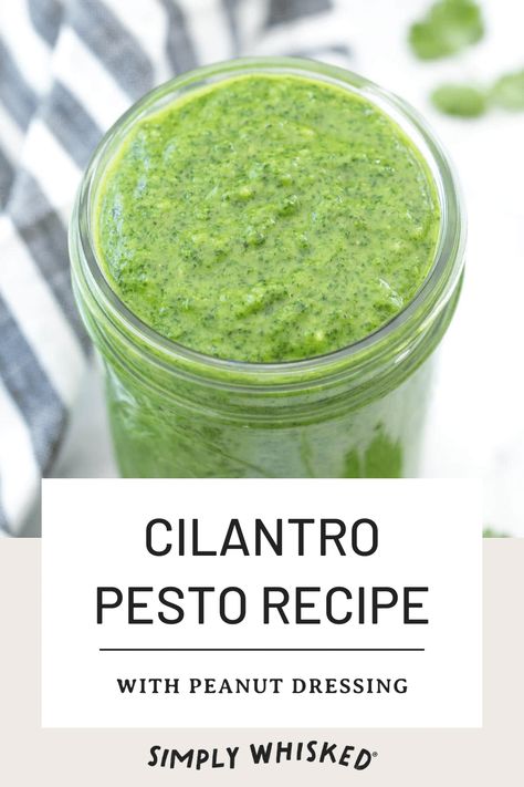 This inexpensive cilantro pesto made with almonds is a simple, easy way to use extra cilantro. It's vegan, dairy free, and paleo approved. Freezing Cilantro, Herb Pesto, Dairy Free Pesto, Cilantro Pesto, Grilled Shrimp Skewers, Making Baby Food, Peanut Recipes, How To Make Pesto, Pesto Recipe