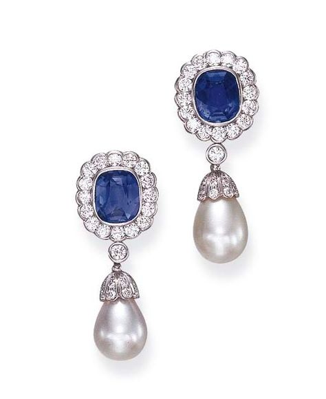 A PAIR OF SAPPHIRE, PEARL AND DIAMOND EAR PENDANTS | Christie's Pink Sapphire Earrings, Sapphire Studs, White Gold Set, Royal Jewels, Natural Pearl, Sapphire Earrings, Sapphire Jewelry, Pearl Drop Earrings, Pearl Drop