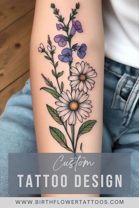 Daisy and Larkspur Flower Tattoo: Birth Flower Design for April and July July Birth Flowers, Larkspur Flower Tattoo, Tattoo Birth Flower, Larkspur Flower Tattoos, April Birth Flower Tattoo, Larkspur Tattoo, Shading Tattoo, July Birth Flower, Larkspur Flower