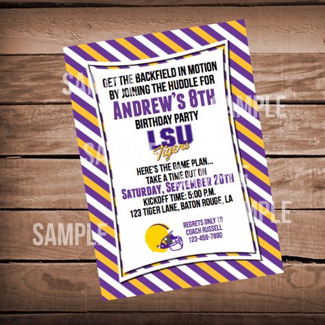 LSU Football Birthday Invitation by WeAreHavingaParty on Etsy https://www.etsy.com/listing/203852965/lsu-football-birthday-invitation Lsu Football Birthday Party, Lsu Birthday Party, Lsu Party, Football Birthday Invitations, Football Birthday Party, Lsu Football, Football Birthday, Lsu Tigers, Boy Party